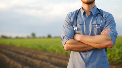 Field Doctor: A doctor stands confidently with arms crossed, a stethoscope draped around their neck, against a backdrop of a cultivated field, representing health and agriculture.
