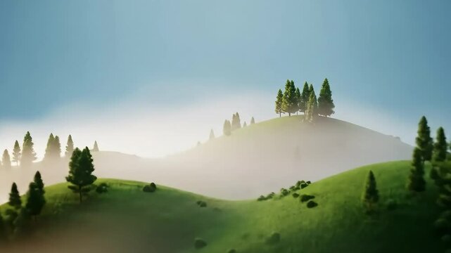 Fog Enshrouded Island with Green Hills and Coniferous Trees Animation