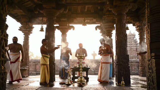 high-definition video of a traditional South Indian temple at dawn &mdash; priests performing aarti, incense smoke, temple bells ringing, soft golden light"