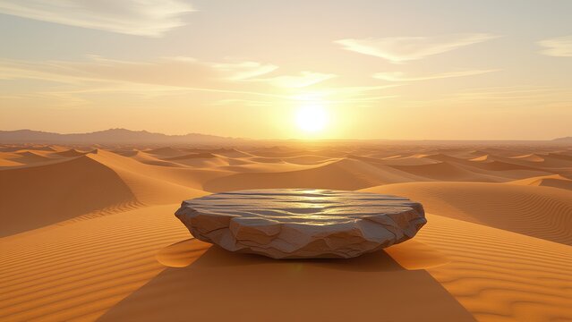 Stone podium on a sand dune in a vast desert at sunset. Empty rock stage for product display with a scenic, golden, and arid landscape background, perfect for showcasing natural o
