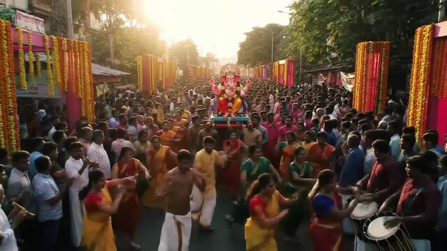 Grand Ganesh Visarjan procession — streets filled with music, devotees dancing, Lord Ganesha idol in the crowd, colorful decorations, sunset lighting"