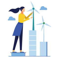 Woman engineer testing vertical wind turbines on university research rooftop