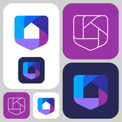 Real estate house logo in negative space, formed by several intertwined geometric shapes that created a shield symbol. A modern and simple logo suitable for a real estate company.