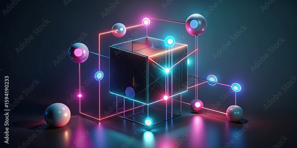 Poster a futuristic cube structure connected by glowing lines and spheres with neon lights.