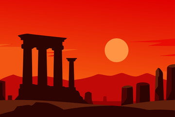 Fototapeta premium Ancient Ruins at Dusk With Red Orange Sky