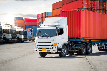 Semi Trailer Trucks on The Parking Lot at The Port. Big Rig, Trucking. Shipping Cargo Container....
