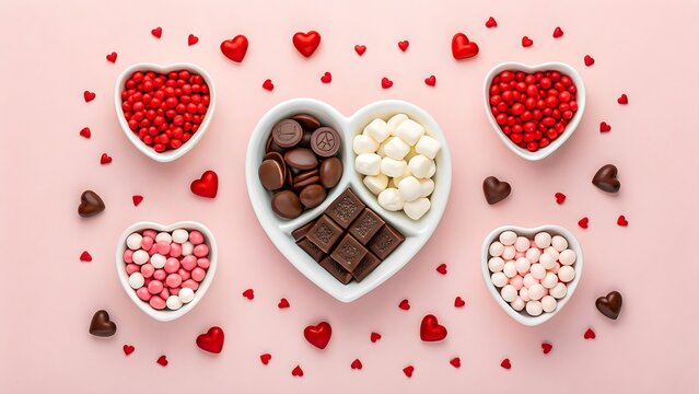 Heart shaped bowls with assorted candies and chocolates on pink background for valentine and love concept
 - Powered by Adobe