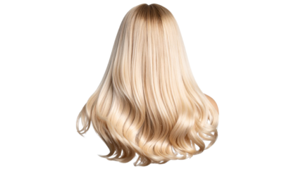 Blonde female wig with natural human hair texture, isolated on a transparent PNG background.
