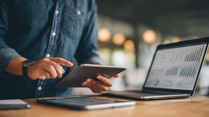 Business executive reviewing online property portfolio in a minimalistic