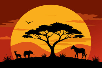 Naklejka premium Majestic Savanna Sunset With Acacia Tree and Wild