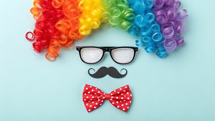 Colorful clown costume accessories with rainbow wig glasses mustache and bow tie on blue background
