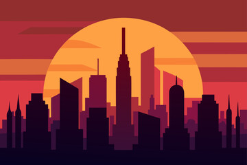 Obraz premium Sunset Behind Skyscrapers of Futuristic City