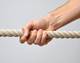 Hand Gripping Thick Rope: Close-Up of Human Hand Holding Strong Hemp Rope with Tight Grip, Concept of Strength, Effort, Activity, and Manual Work
