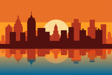 Fototapeta premium Sunset Cityscape Skyline Mirrored on River Water