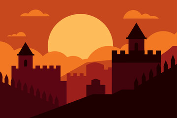 Fototapeta premium Sunset Over Ancient Walls of a Medieval City