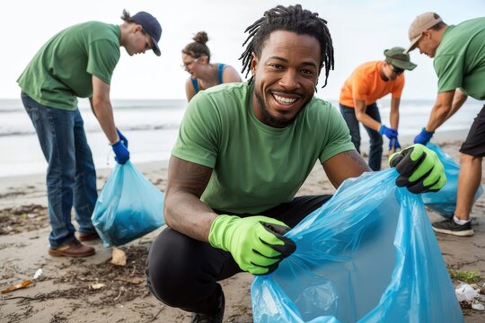 Smiling volunteers collect trash on a beach cleanup