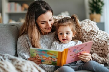 Mom reading a colorful storybook to toddler girl on cozy sofa with blankets