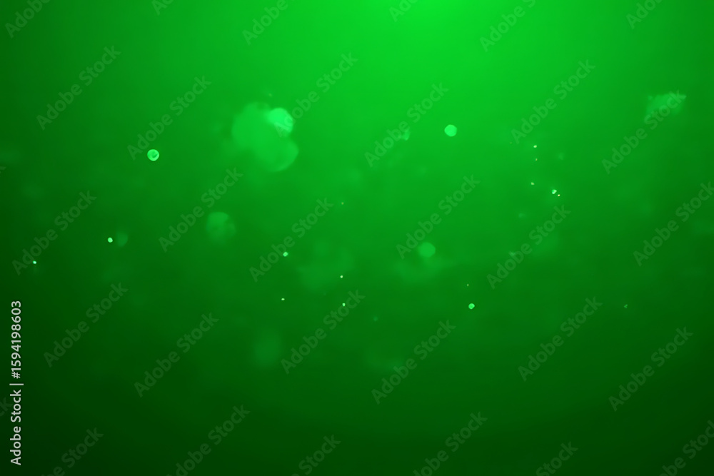 Poster green background with bokeh effect and small white particles floating in a blurry, abstract composit