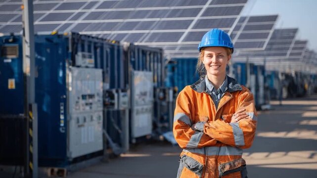 Harnessing Sunlight: A confident professional in protective gear stands proudly amidst rows of solar panels, symbolizing the innovative potential of renewable energy and the future.