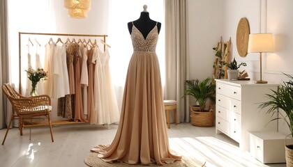 Elegant wedding dress on a mannequin in a stylish bridal boutique setting.