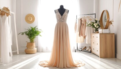 Elegant wedding dress on mannequin in bridal boutique with natural light, and dreamy atmosphere.