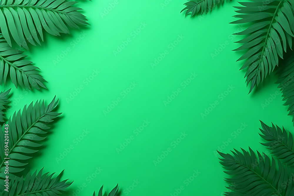 Poster green palm leaves arranged around a bright green background creating a tropical botanical frame with