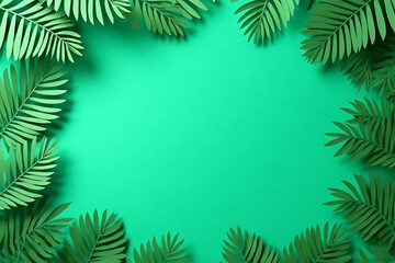 Green paper palm leaves border a vibrant turquoise background creating a tropical frame for copy space or design elements
