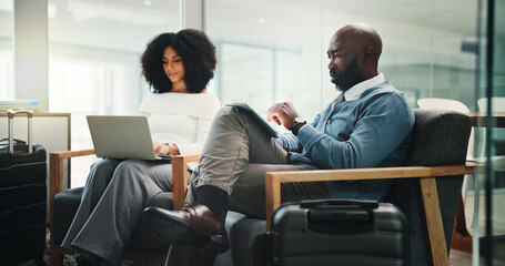 Airport, people and tablet for business trip, communication or discussion for travel plans or chat. Contact, employee and person with luggage for journey, notification or waiting for flight in lounge