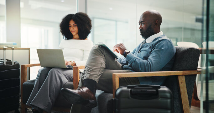 Airport, people and tablet for business trip, communication or discussion for travel plans or chat. Contact, employee and person with luggage for journey, notification or waiting for flight in lounge - Powered by Adobe