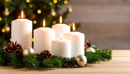 Festive Advent candles lit with Christmas decorations with warm light.