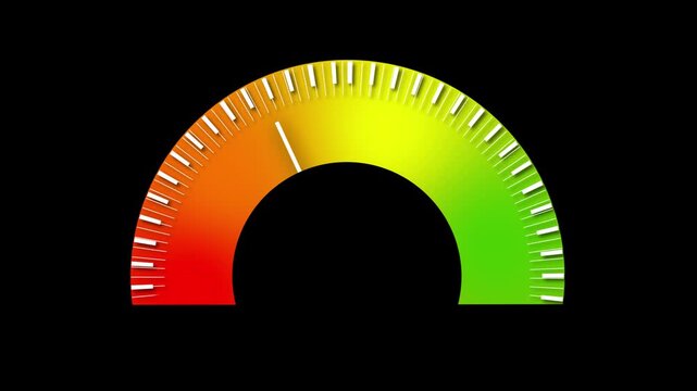 Seamless looping animation of speedometer gauge meter showing progress with vibrant color gradients. Animated speedometer gauge meter with smooth red green yellow gradient color transition.