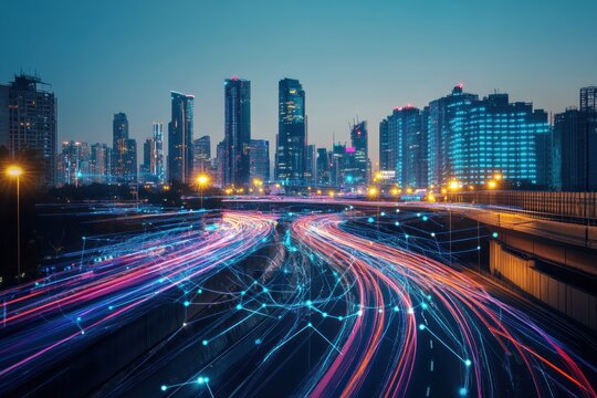 modern city infrastructure with flowing tech lines, connectivity theme