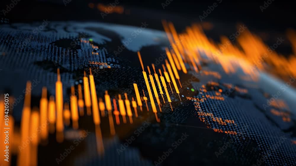 Poster a dynamic stock market graph with global financial data in the background, highlighting the growing 