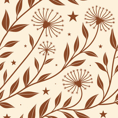 Dandelion flowers and leaves with stars pattern, brown color, beige background