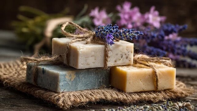 Soothing Soap Symphony: A close-up shot of artisan soaps and aromatic lavender sprigs arranged to create a sensory experience. Embracing natural ingredients and the essence of mindful self-care.