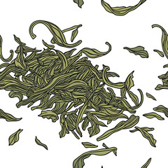 Dried tea leaves in a seamless overhead pattern, curled and crumbled texture, earthy green and brown tones