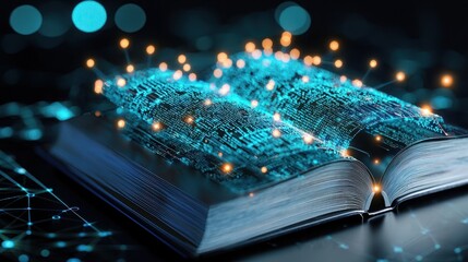 Open Book with Digital Data Streams Representing Neural Network and Language Processing Concepts