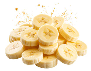 Exploding Stack of Banana Slices with Splash Effect and Crumbs, Dynamic Cutout, Transparent PNG