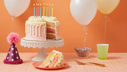 Birthday cake with eight lit candles balloons and a slice on a table