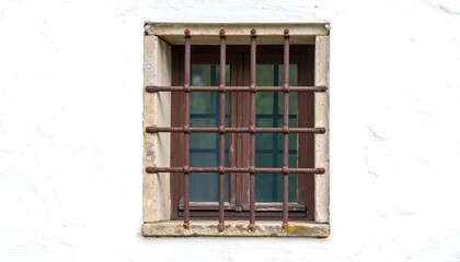 Ornate barred window on white wall