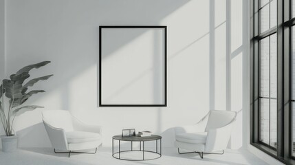 Modern minimalist interior featuring a blank framed canvas