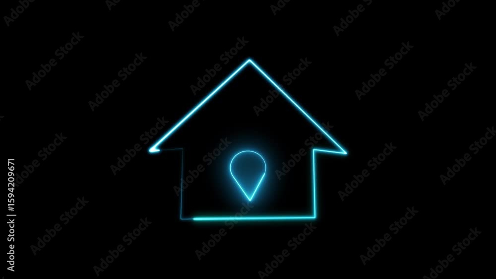 Poster digital interface animation of neon house gps pointer glowing teal blue on abstract background. moti