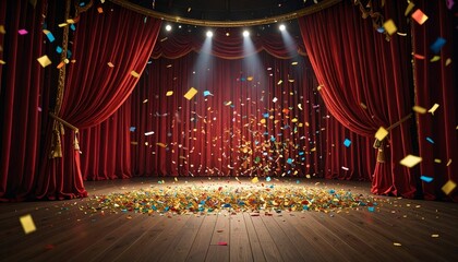 赤色のカーテンと舞台・劇場　紙吹雪　スポットライト