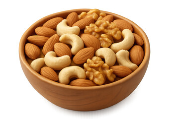 Fototapeta premium Cashews, almonds, and walnuts are overflowing a wooden bowl, creating a healthy and delicious snack on a transparent background