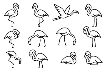 Minimalist Flamingo Icon Set Vector. 12 Flamingo Poses in Clean Black and White Line Art for UI Design, Branding, Wildlife Apps, Nature Graphics, and Elegant Modern Layouts