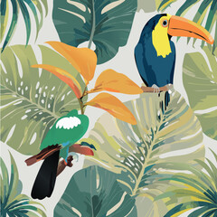 Exotic Jungle Birds and Leaves Background