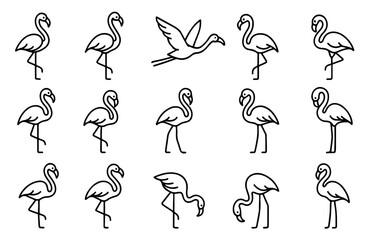 Minimalist Flamingo Icon Set Vector. 15 Flamingo Poses in Clean Black and White Line Art for UI Design, Branding, Wildlife Apps, Nature Graphics, and Elegant Modern Layouts