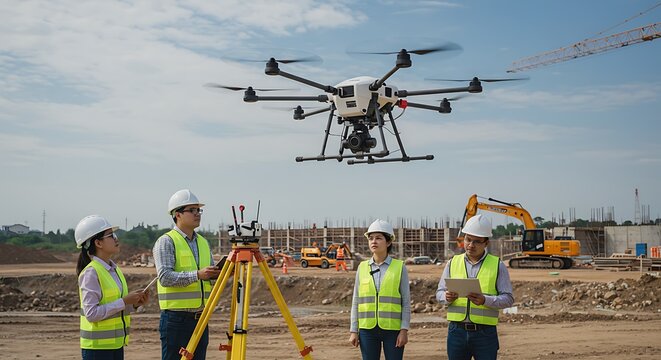 Construction team uses drone and surveying equipment for site inspection - Powered by Adobe