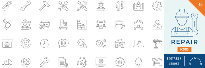 Repair icon collection set. Editable stroke.