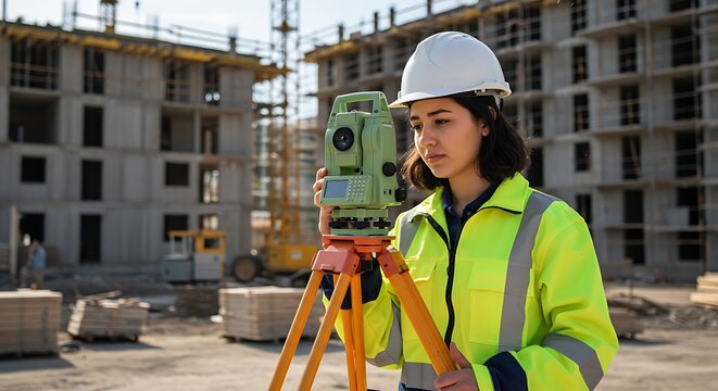 Female surveyor in safety vest and hard hat using a total station at a construction site